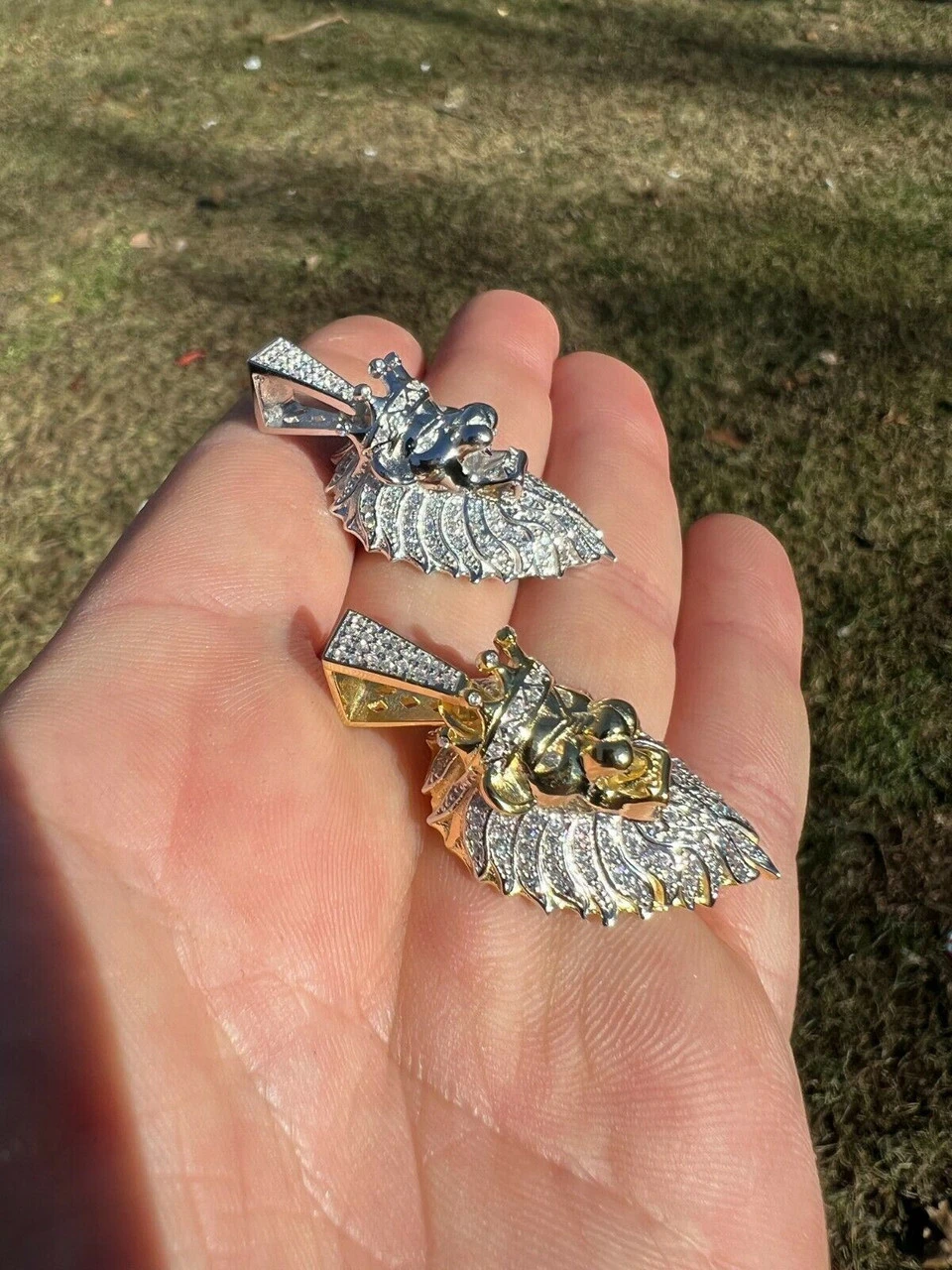 Mens 925 Silver Gold Real Iced Diamond Rasta Lion Crown Africa Pendant Necklace 4 Mens 925 Silver Gold Real Iced Diamond Rasta Lion Crown Africa Pendant Necklace - Image 2