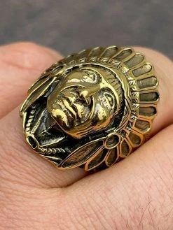 Mens Real 14K Gold Over Solid 925 Sterling Silver Large Indian Head Chief Ring