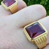 Mens Real 14k Gold Vermeil Over Solid 925 Silver Ruby Red Stone Ring Hip Hop Ice