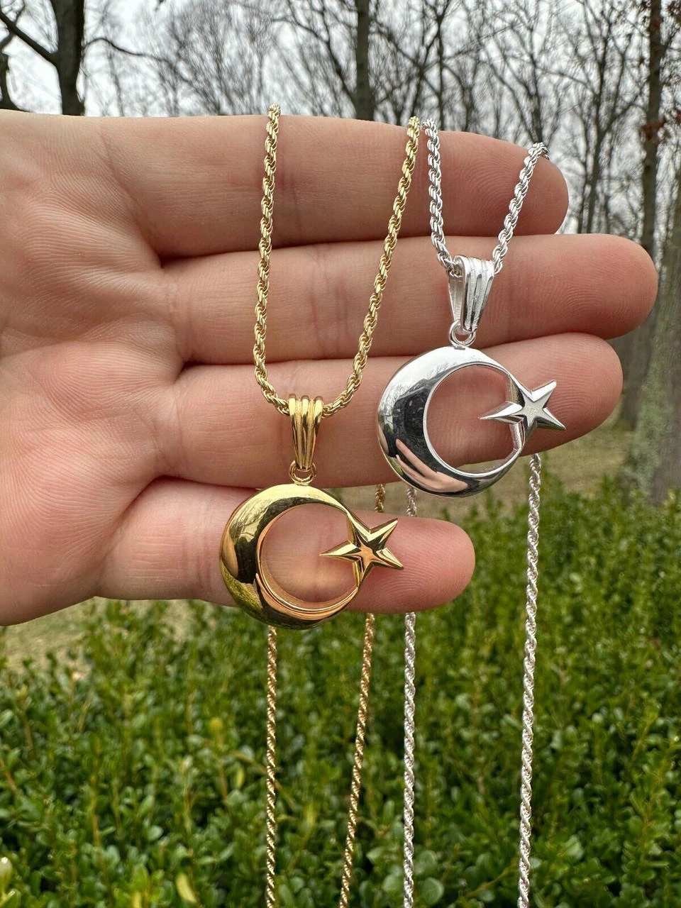 Mens Real 925 Silver / 14k Gold Crescent Moon & Star Islam Muslim Arabic Pendant 13 Mens Real 925 Silver / 14k Gold Crescent Moon & Star Islam Muslim Arabic Pendant - Image 11
