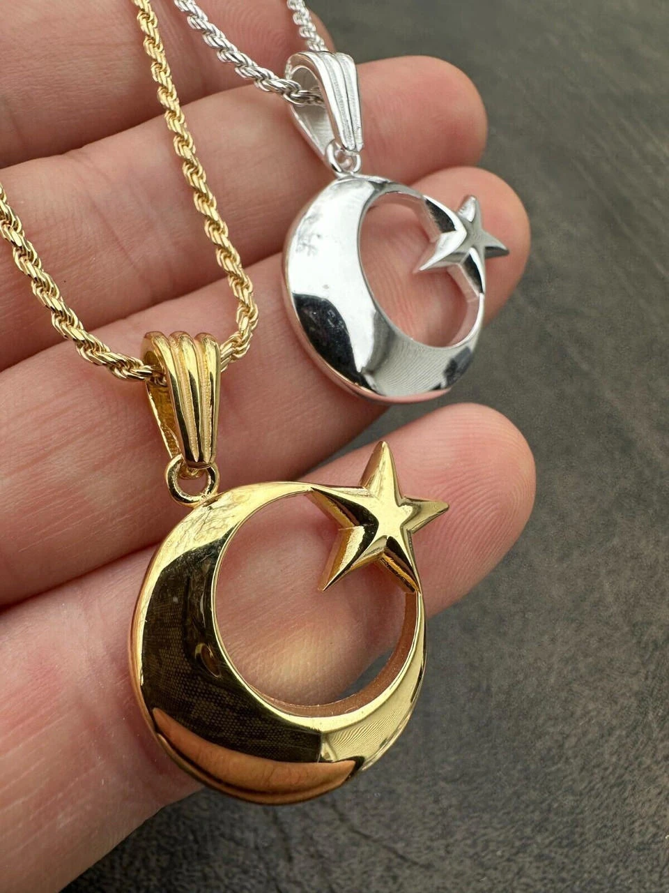 Mens Real 925 Silver / 14k Gold Crescent Moon & Star Islam Muslim Arabic Pendant 18 Mens Real 925 Silver / 14k Gold Crescent Moon & Star Islam Muslim Arabic Pendant - Image 16