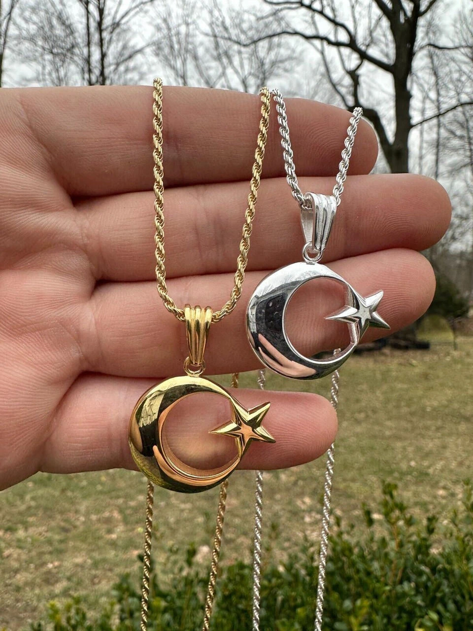 Mens Real 925 Silver / 14k Gold Crescent Moon & Star Islam Muslim Arabic Pendant 4 Mens Real 925 Silver / 14k Gold Crescent Moon & Star Islam Muslim Arabic Pendant - Image 2