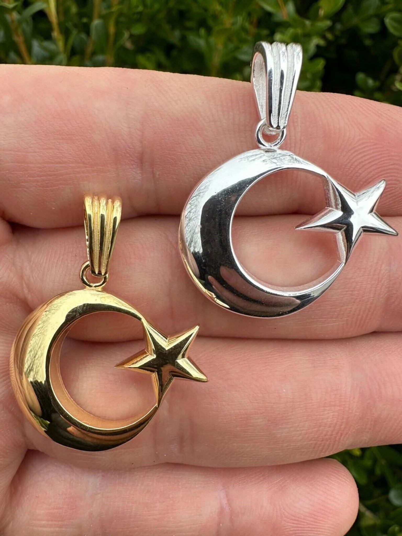 Mens Real 925 Silver / 14k Gold Crescent Moon & Star Islam Muslim Arabic Pendant 3 Mens Real 925 Silver / 14k Gold Crescent Moon & Star Islam Muslim Arabic Pendant