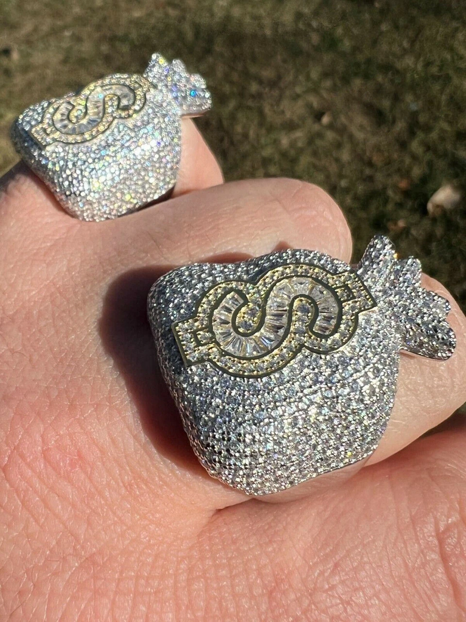 Men's Real 925 Silver Money Dollar Sign Baguette Diamond Pinky RING Hip Hop Iced 4 Men's Real 925 Silver Money Dollar Sign Baguette Diamond Pinky RING Hip Hop Iced - Image 2