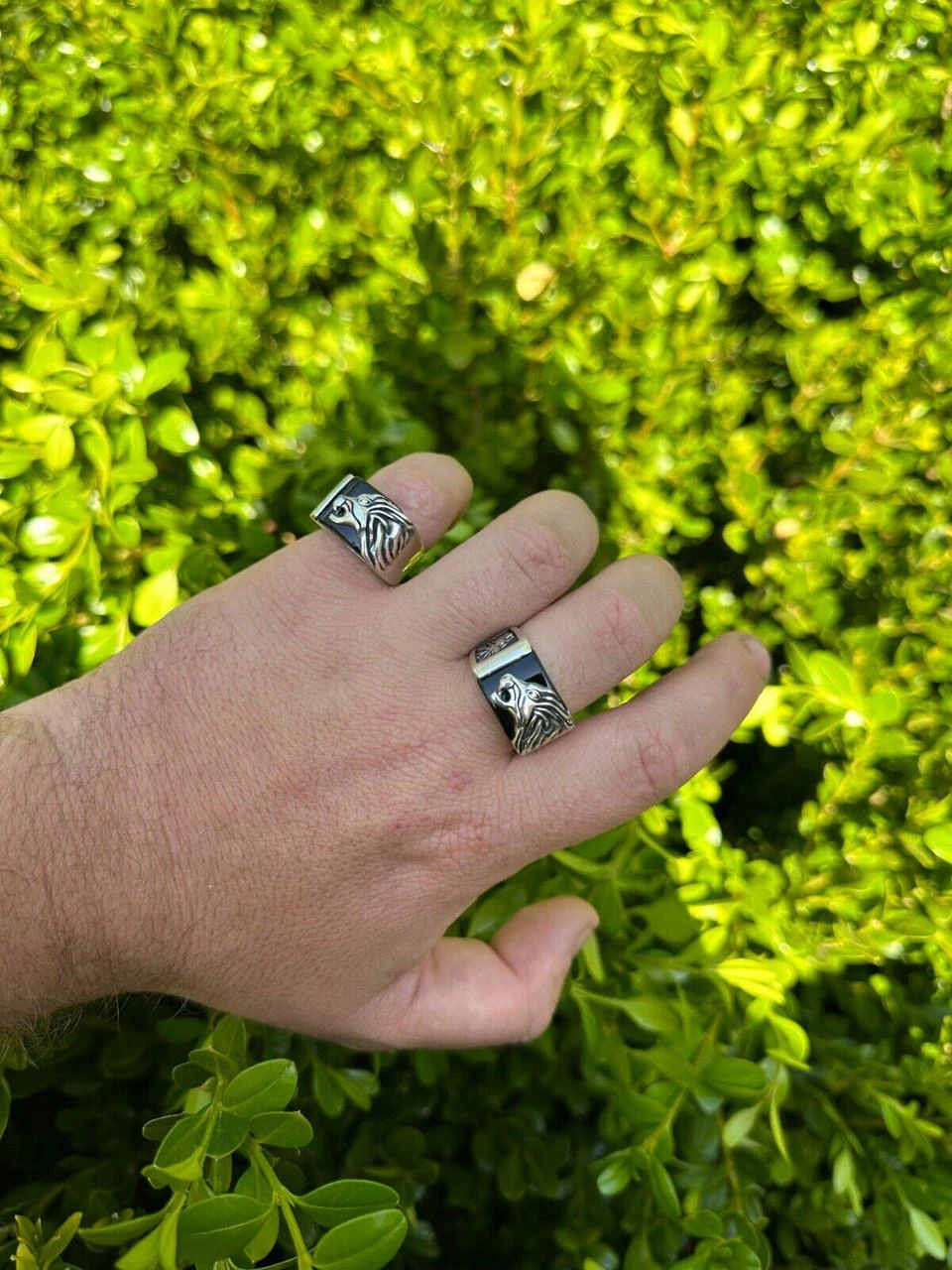 Mens Real 925 Sterling Silver Natural Black Onyx Howling Wolf Signet Dog Ring 4 Mens Real 925 Sterling Silver Natural Black Onyx Howling Wolf Signet Dog Ring - Image 2