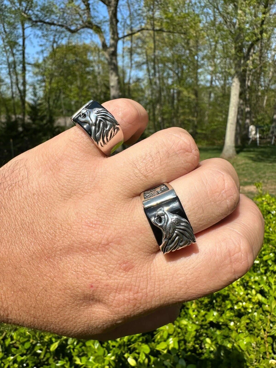 Mens Real 925 Sterling Silver Natural Black Onyx Howling Wolf Signet Dog Ring 5 Mens Real 925 Sterling Silver Natural Black Onyx Howling Wolf Signet Dog Ring - Image 3