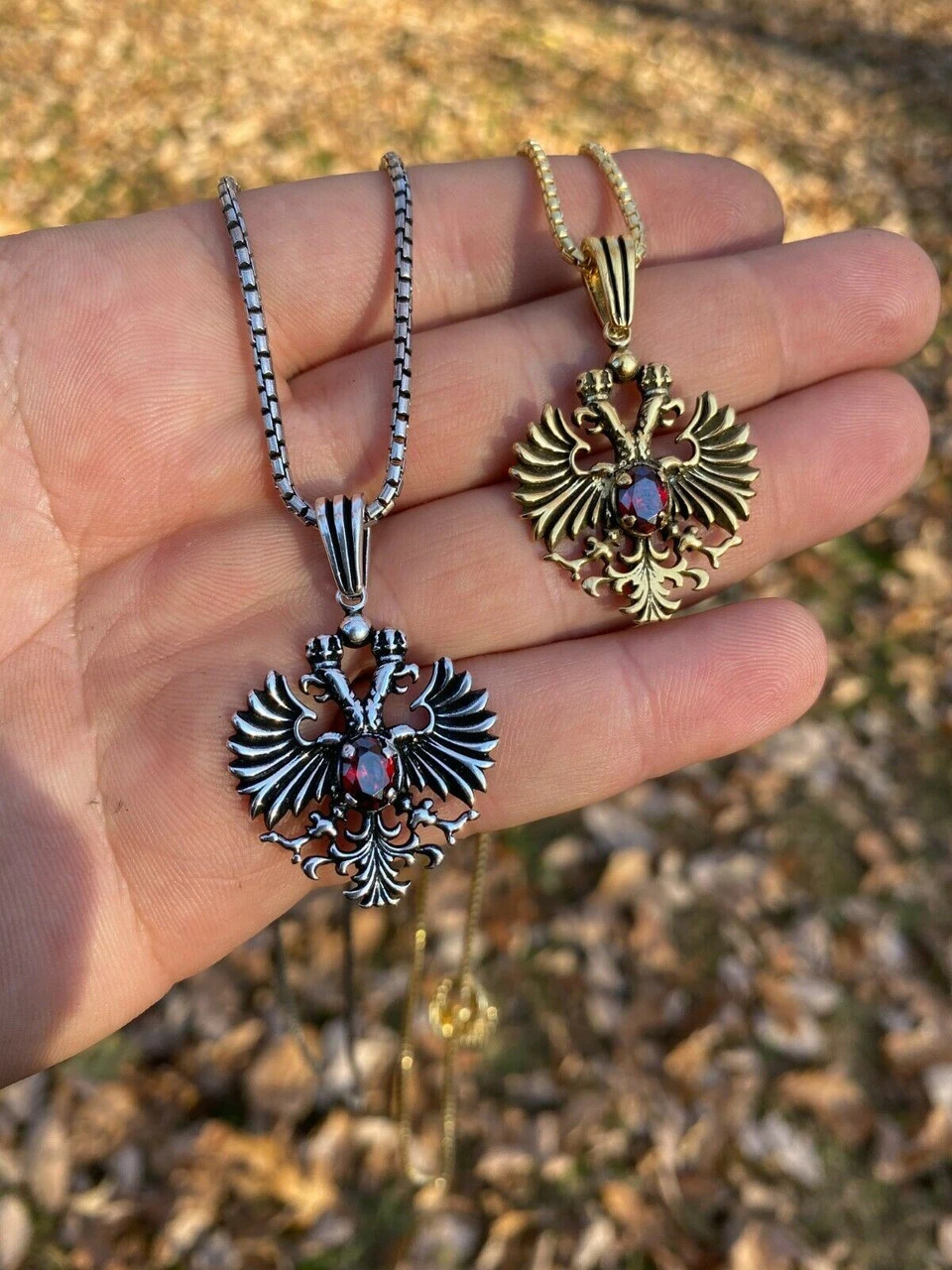 Mens Real 925 Sterling Silver Russian Double Headed Eagle Ruby Necklace Gold 5 Mens Real 925 Sterling Silver Russian Double Headed Eagle Ruby Necklace Gold - Image 3