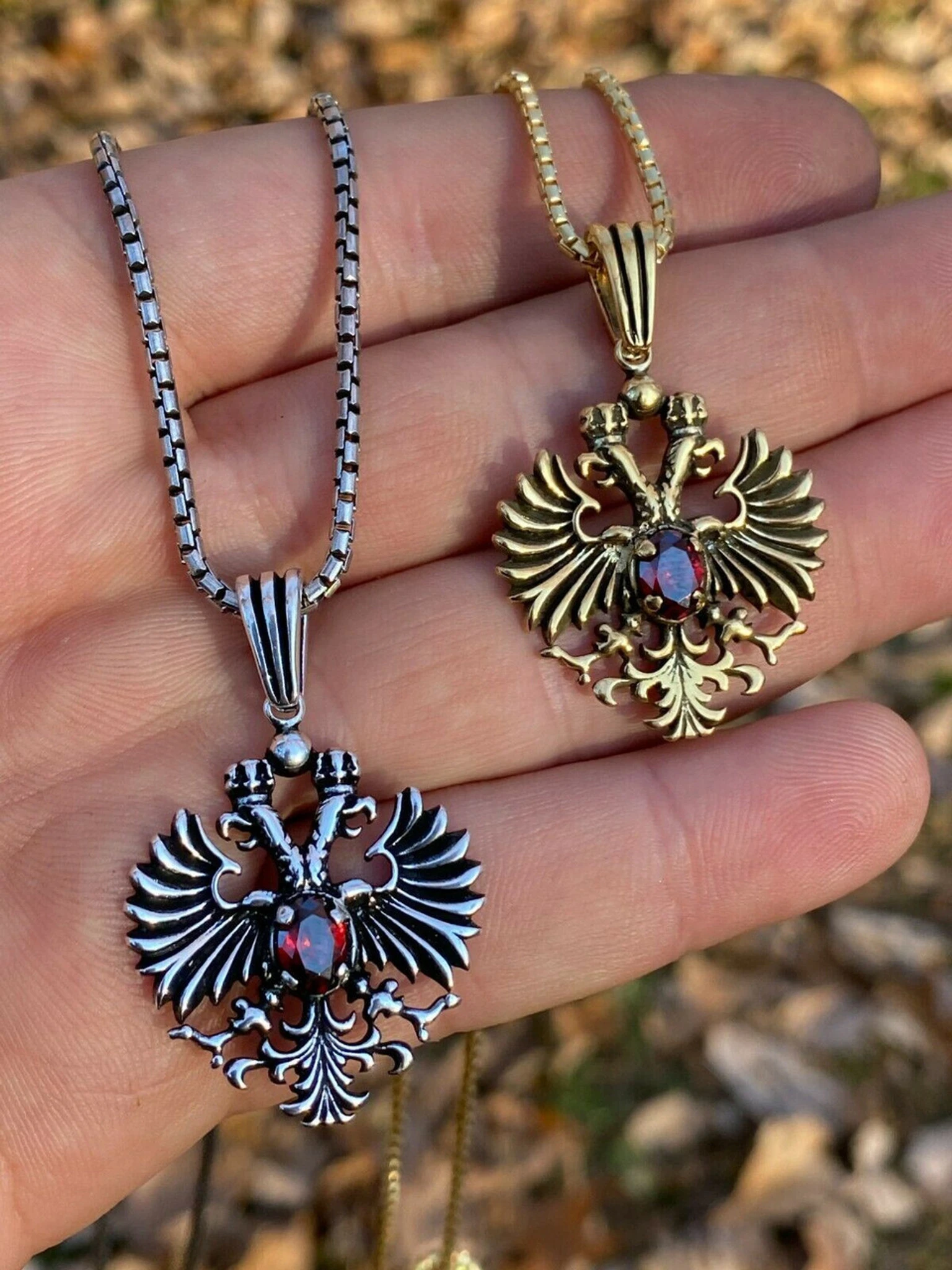 Mens Real 925 Sterling Silver Russian Double Headed Eagle Ruby Necklace Gold 3 Mens Real 925 Sterling Silver Russian Double Headed Eagle Ruby Necklace Gold