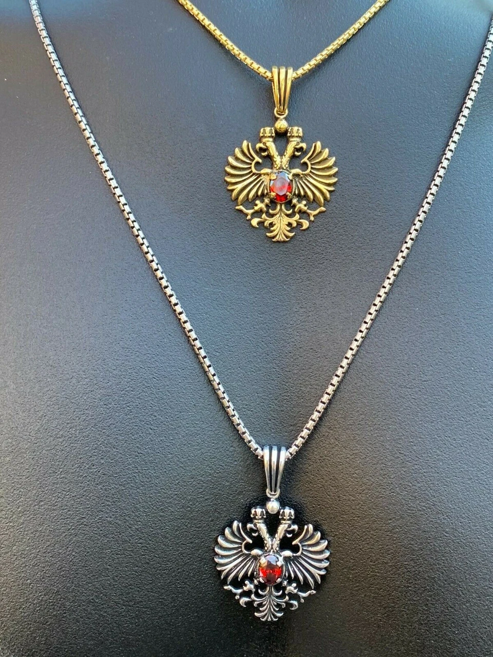 Mens Real 925 Sterling Silver Russian Double Headed Eagle Ruby Necklace Gold 4 Mens Real 925 Sterling Silver Russian Double Headed Eagle Ruby Necklace Gold - Image 2
