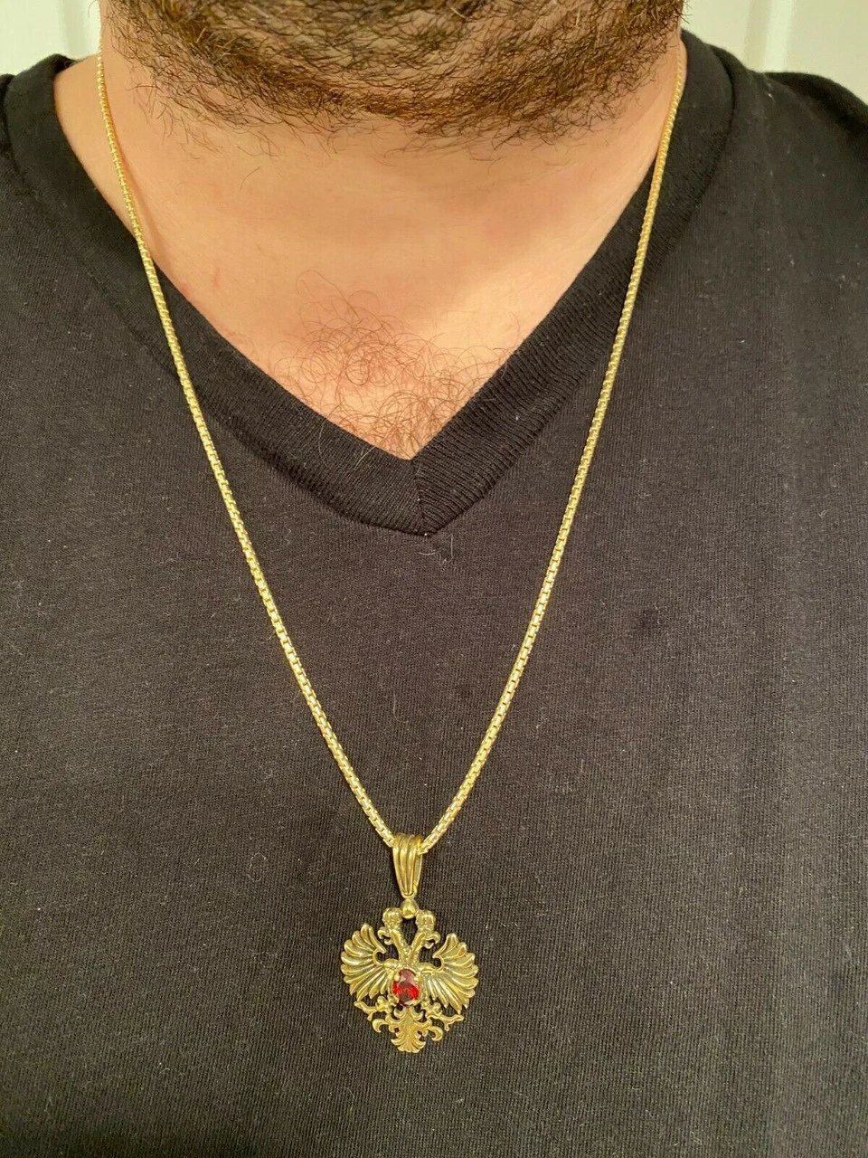 Mens Real 925 Sterling Silver Russian Double Headed Eagle Ruby Necklace Gold 6 Mens Real 925 Sterling Silver Russian Double Headed Eagle Ruby Necklace Gold - Image 4
