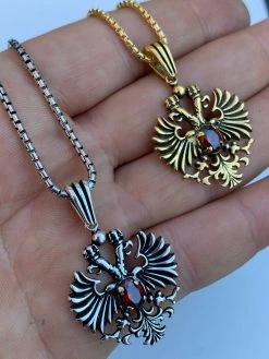 Mens Real 925 Sterling Silver Russian Double Headed Eagle Ruby Necklace Gold 19 Mens Real 925 Sterling Silver Russian Double Headed Eagle Ruby Necklace Gold -Harlem Bling Shop mens real 925 sterling silver russian double headed eagle ruby necklace gold 49949.1664384505