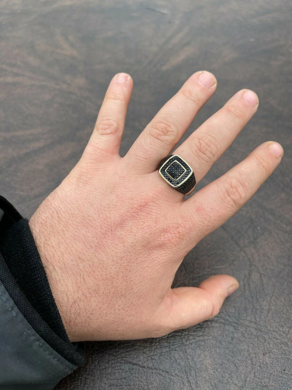 Mens Real Solid 925 Sterling Silver 14k Gold Oxidized Ring Black Diamond Iced 4 Mens Real Solid 925 Sterling Silver 14k Gold Oxidized Ring Black Diamond Iced - Image 2