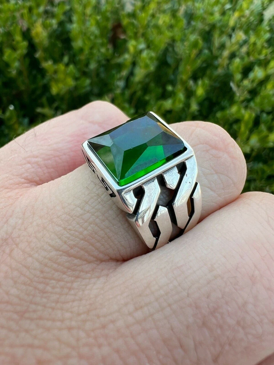 Mens Real Solid 925 Sterling Silver Green Emerald Gem Stone Ring Pinky Signet 5 Mens Real Solid 925 Sterling Silver Green Emerald Gem Stone Ring Pinky Signet - Image 3