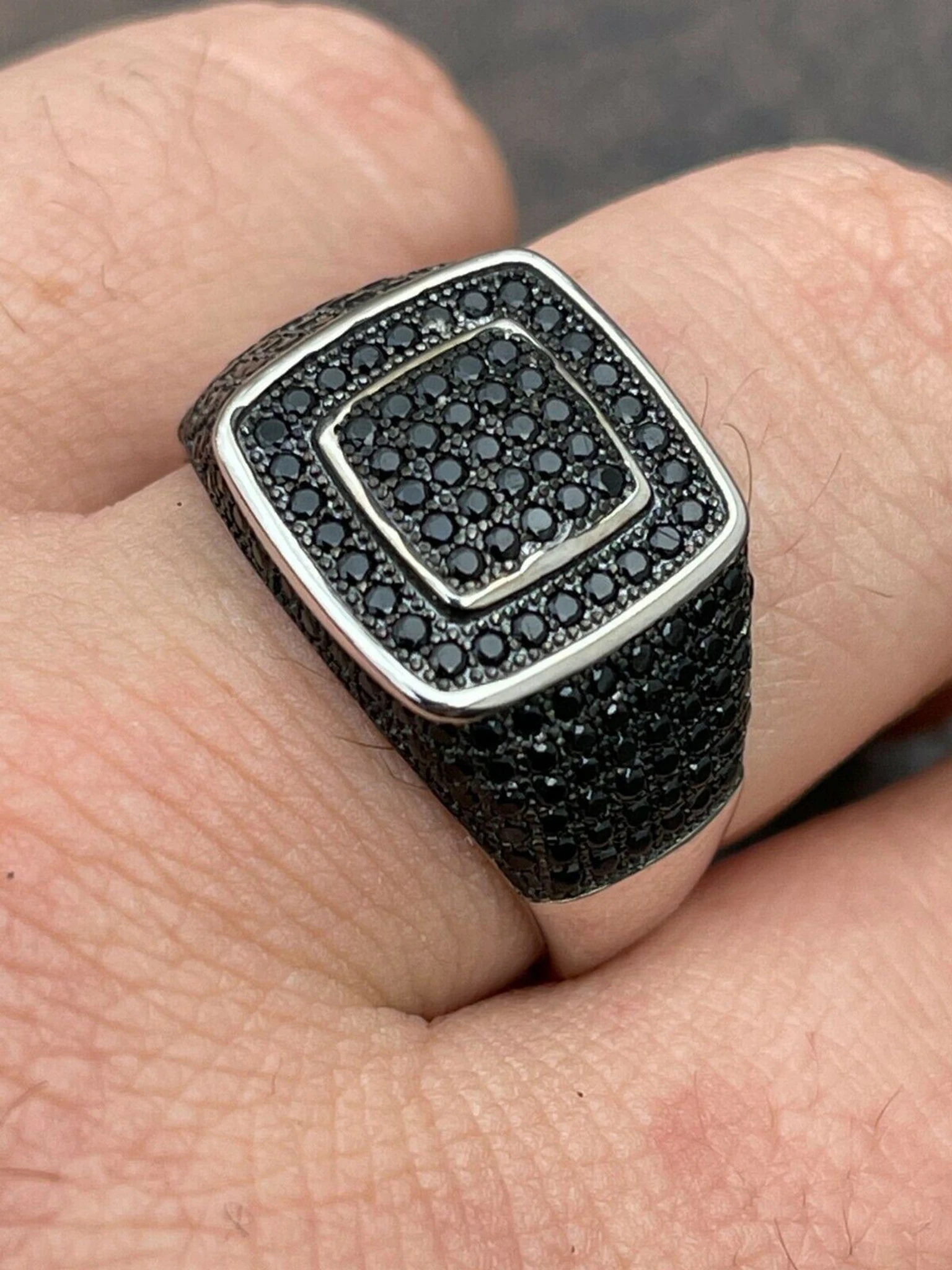 Mens Real Solid 925 Sterling Silver Oxidized Ring Black Diamond Iced Hip Hop 3 Mens Real Solid 925 Sterling Silver Oxidized Ring Black Diamond Iced Hip Hop