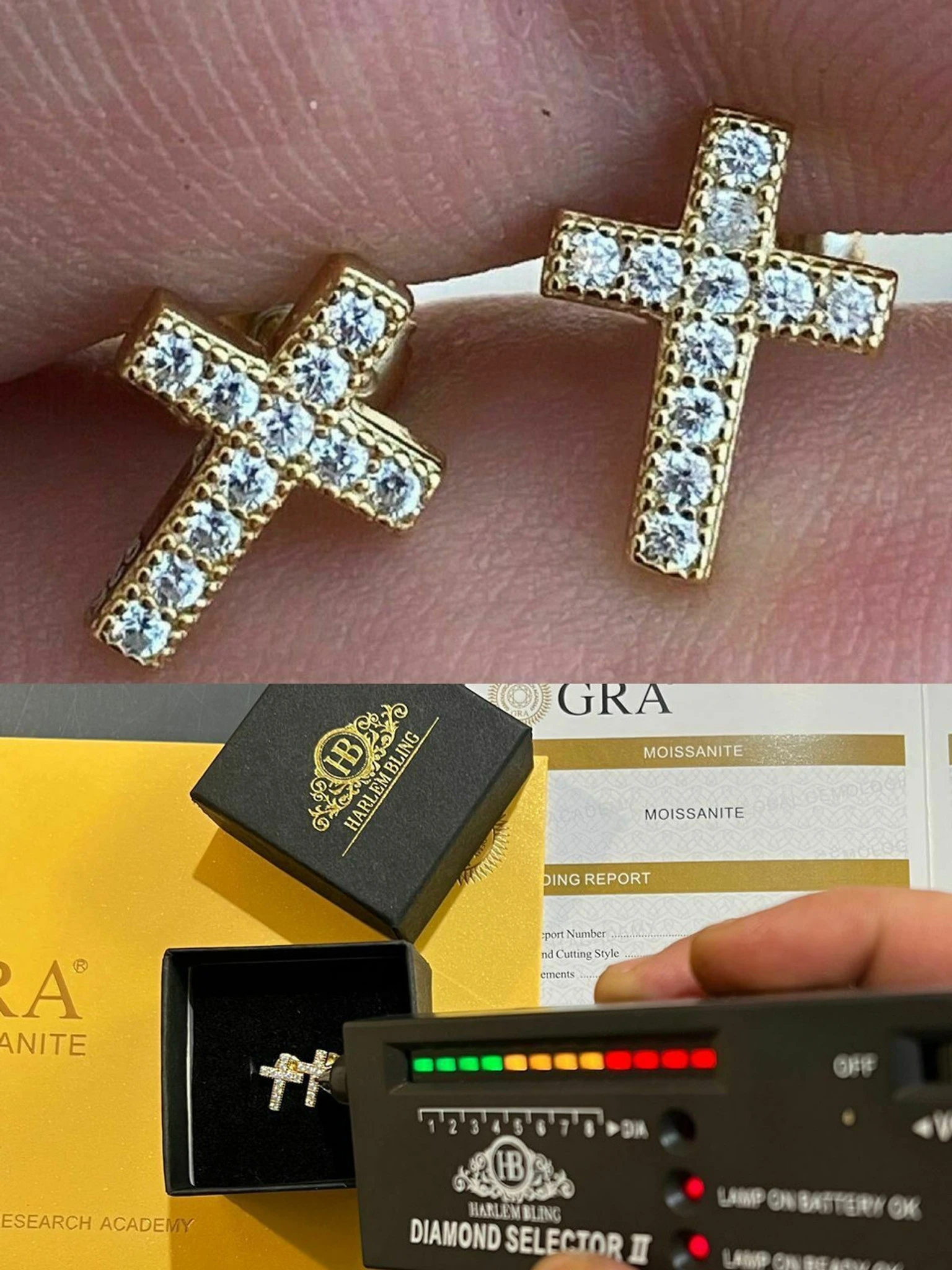 MOISSANITE 14k Gold Vermeil Small Cross Earrings Studs Iced Pass Diamond Tester 3 MOISSANITE 14k Gold Vermeil Small Cross Earrings Studs Iced Pass Diamond Tester