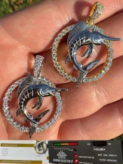 MOISSANITE 925 Silver / Gold Iced Swordfish Fishing Pendant Marlin Fish Necklace