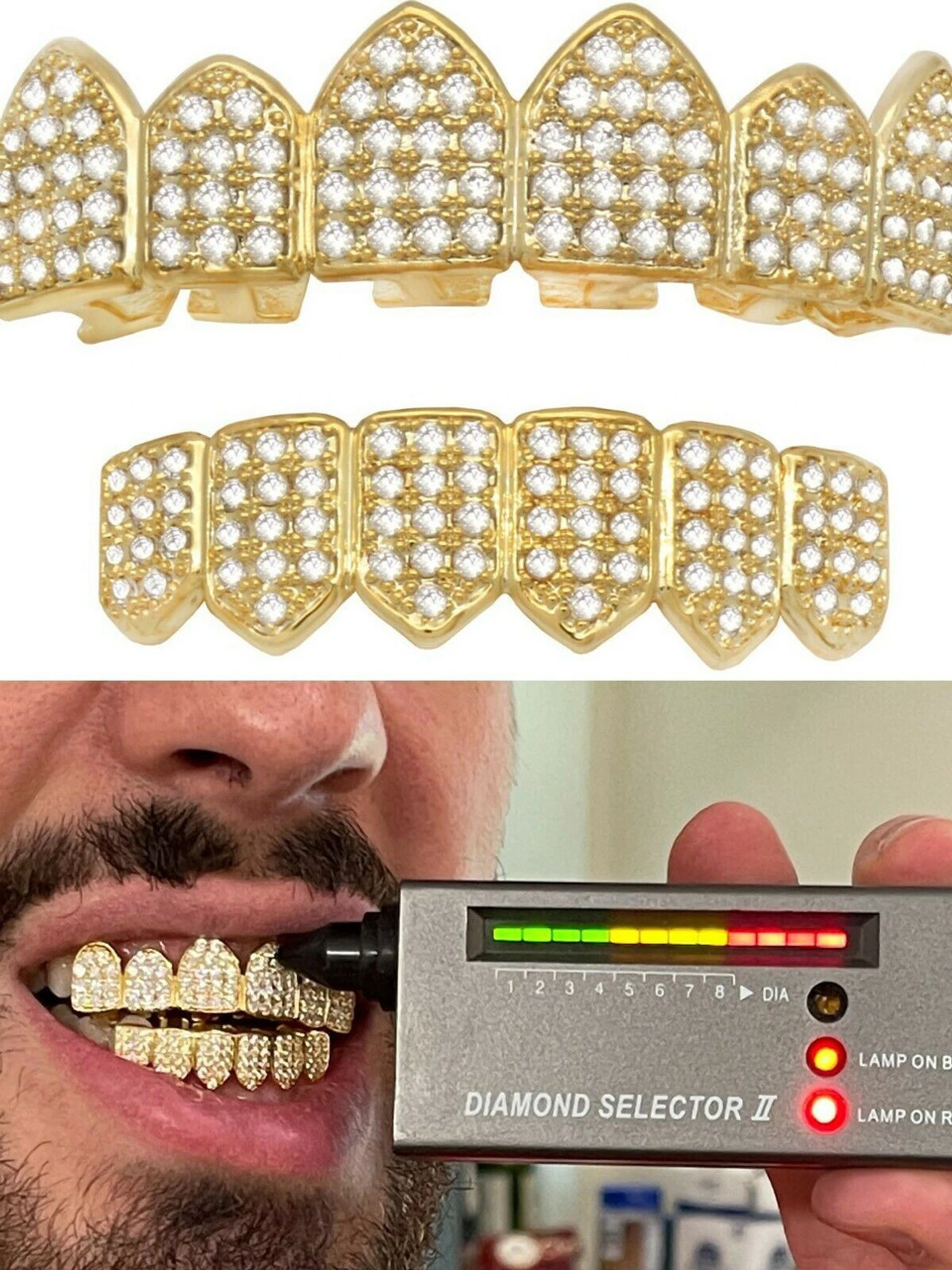 MOISSANITE GRILLZ Pass Diamond Test Teeth Top & Bottom Hip Hop 14k Gold Vermeil 3 MOISSANITE GRILLZ Pass Diamond Test Teeth Top & Bottom Hip Hop 14k Gold Vermeil