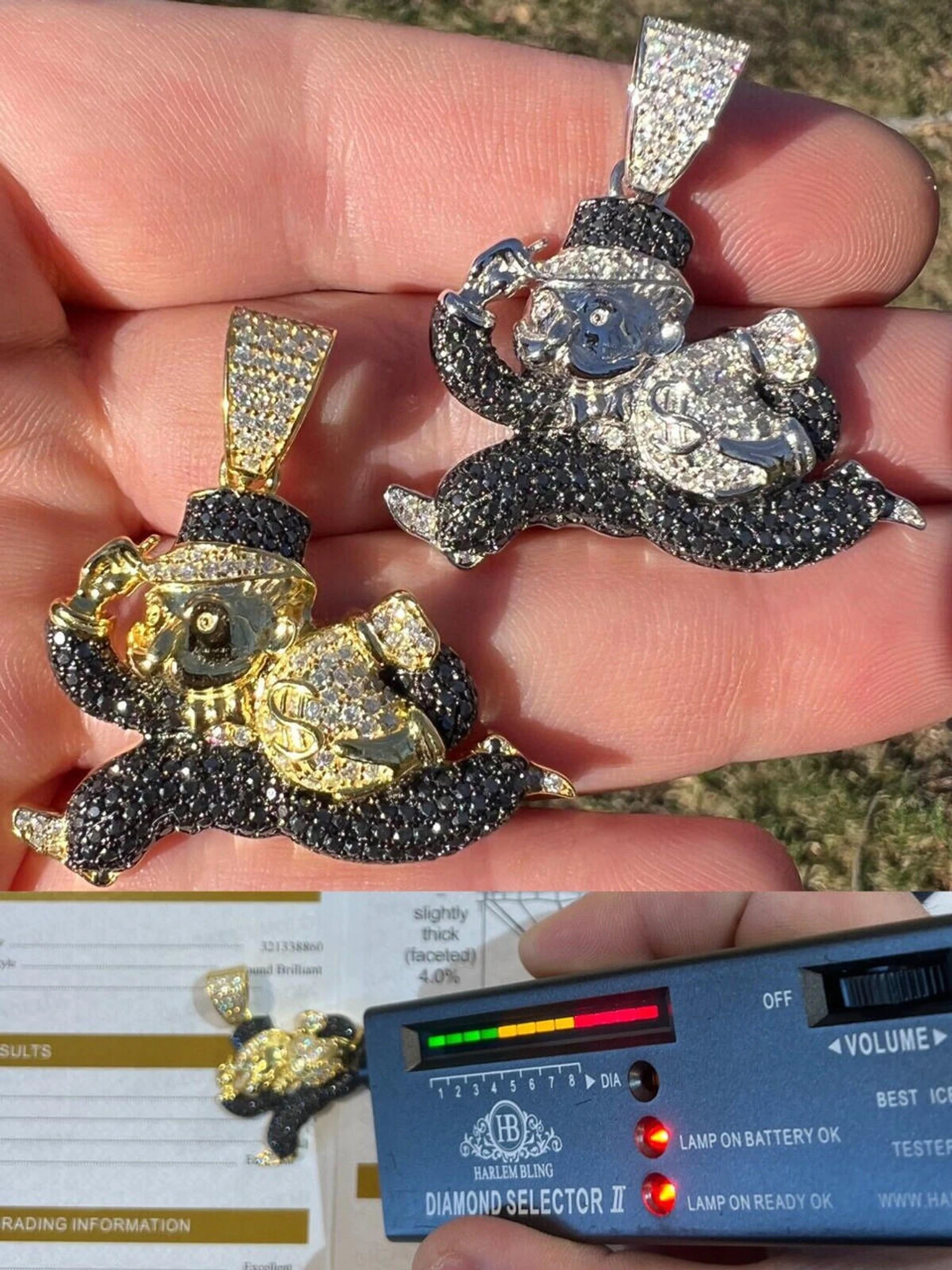 MOISSANITE Iced Real 925 Silver / Gold Monopoly Man Money Bag Necklace Pendant 3 MOISSANITE Iced Real 925 Silver / Gold Monopoly Man Money Bag Necklace Pendant