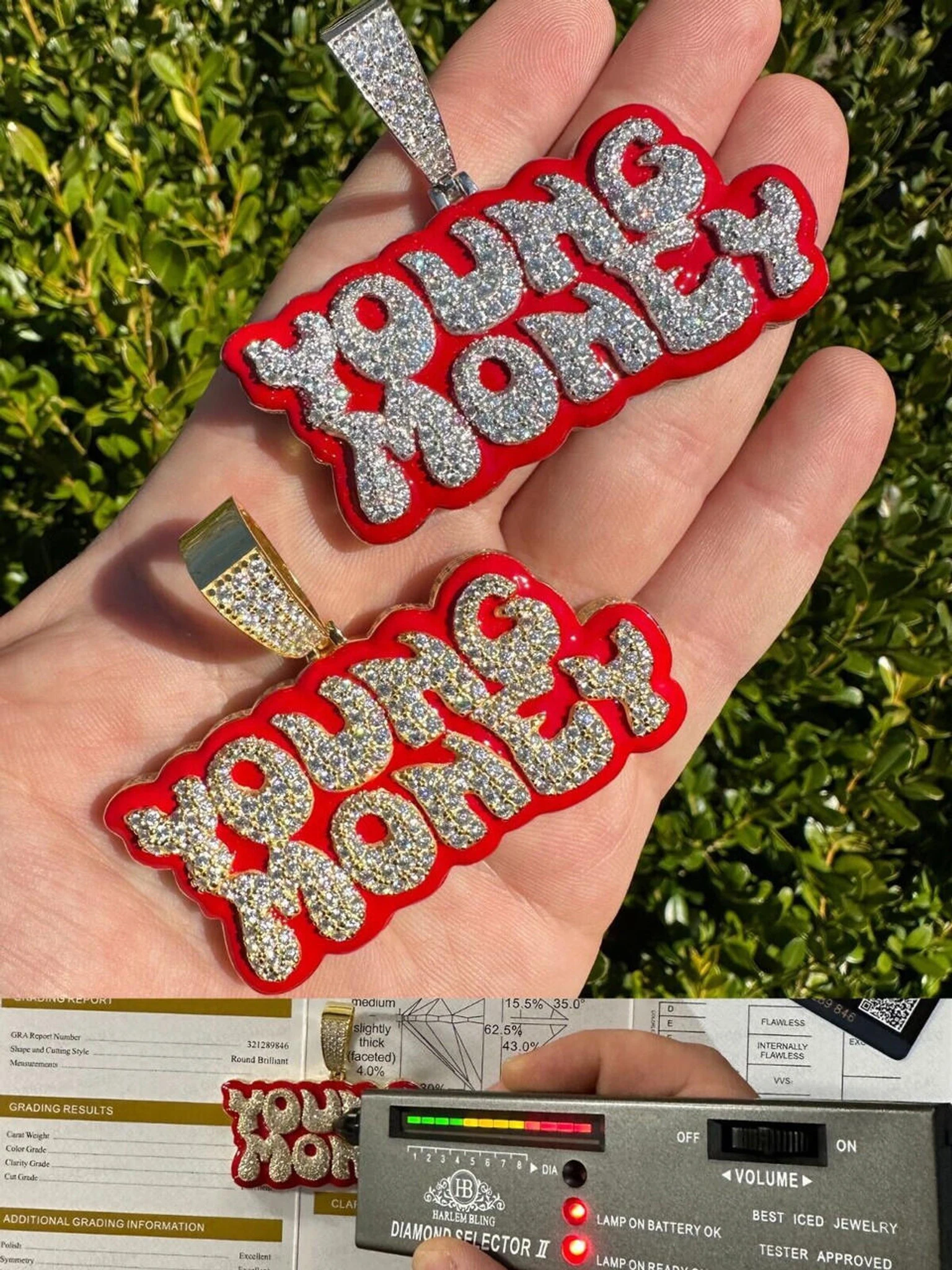 MOISSANITE Real 925 Silver / 14k Gold Iced YOUNG MONEY Hip Hop Pendant Necklace 3 MOISSANITE Real 925 Silver / 14k Gold Iced YOUNG MONEY Hip Hop Pendant Necklace