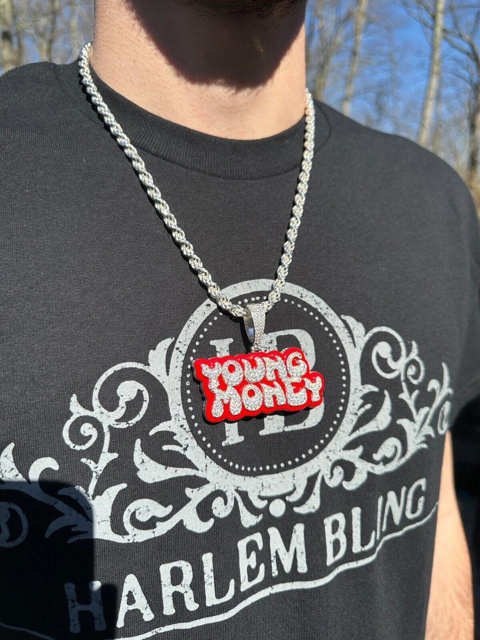 MOISSANITE Real 925 Silver / 14k Gold Iced YOUNG MONEY Hip Hop Pendant Necklace 4 MOISSANITE Real 925 Silver / 14k Gold Iced YOUNG MONEY Hip Hop Pendant Necklace - Image 2