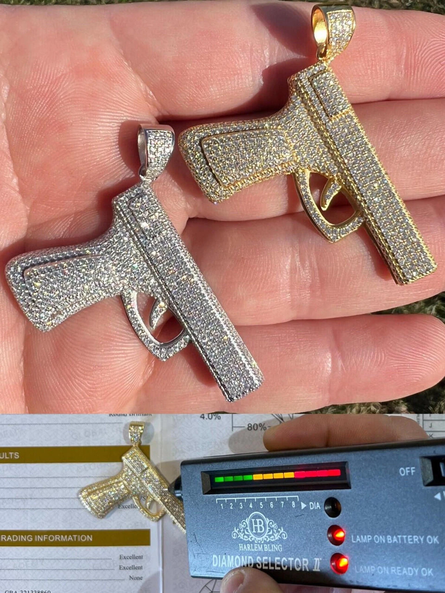 MOISSANITE Real 925 Silver / Gold Gun Pistol Iced Necklace Pendant Hip Hop 3 MOISSANITE Real 925 Silver / Gold Gun Pistol Iced Necklace Pendant Hip Hop
