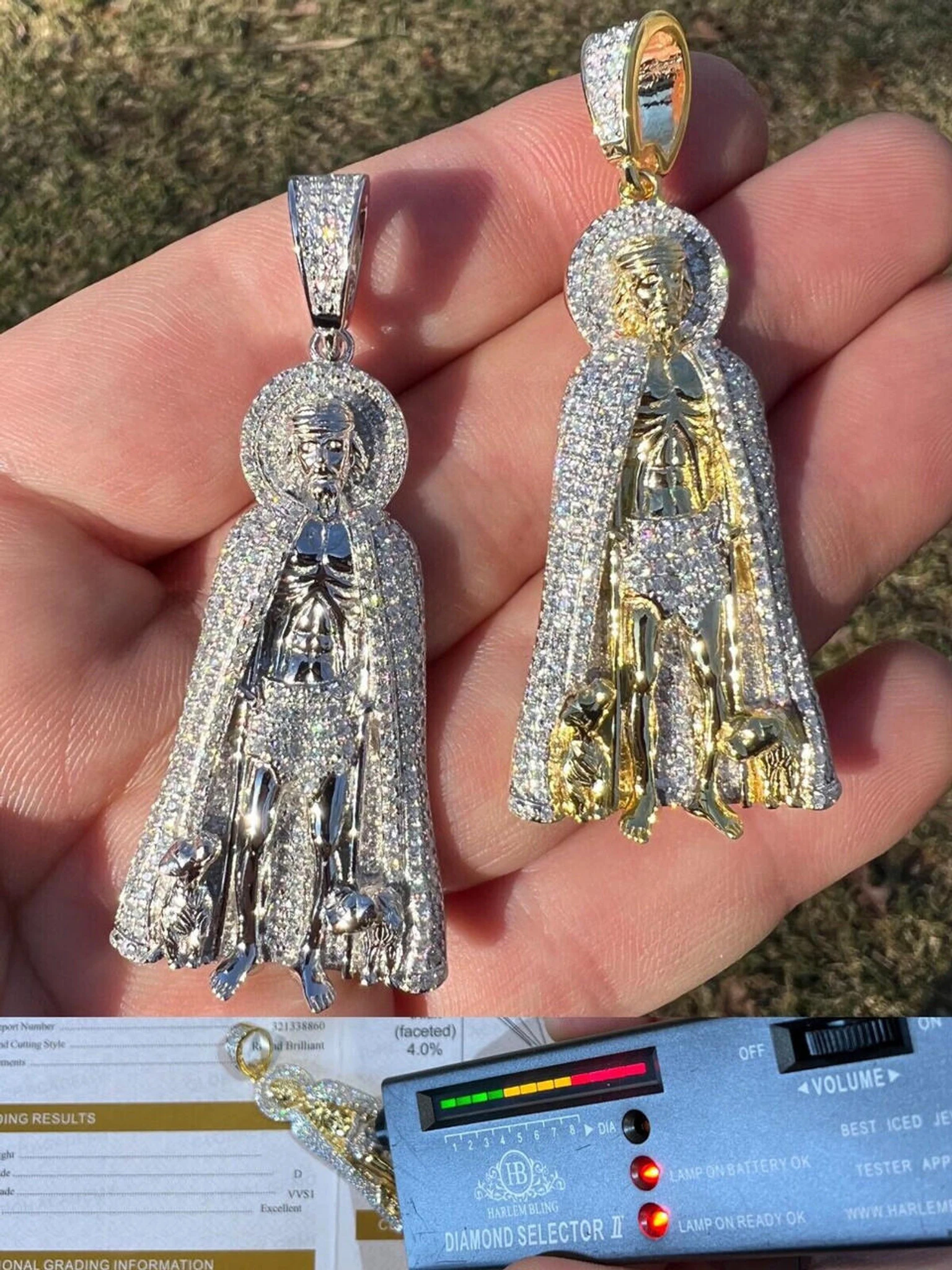 MOISSANITE Real 925 Silver / Gold Saint St Lazarus Iced Necklace Pendant Hip Hop 3 MOISSANITE Real 925 Silver / Gold Saint St Lazarus Iced Necklace Pendant Hip Hop