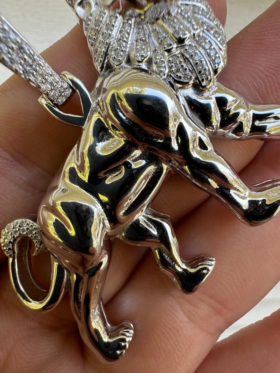 MOISSANITE Real 925 Silver Iced Lion Of Judah W. Crown Rasta Pendant Necklace 6 MOISSANITE Real 925 Silver Iced Lion Of Judah W. Crown Rasta Pendant Necklace - Image 4