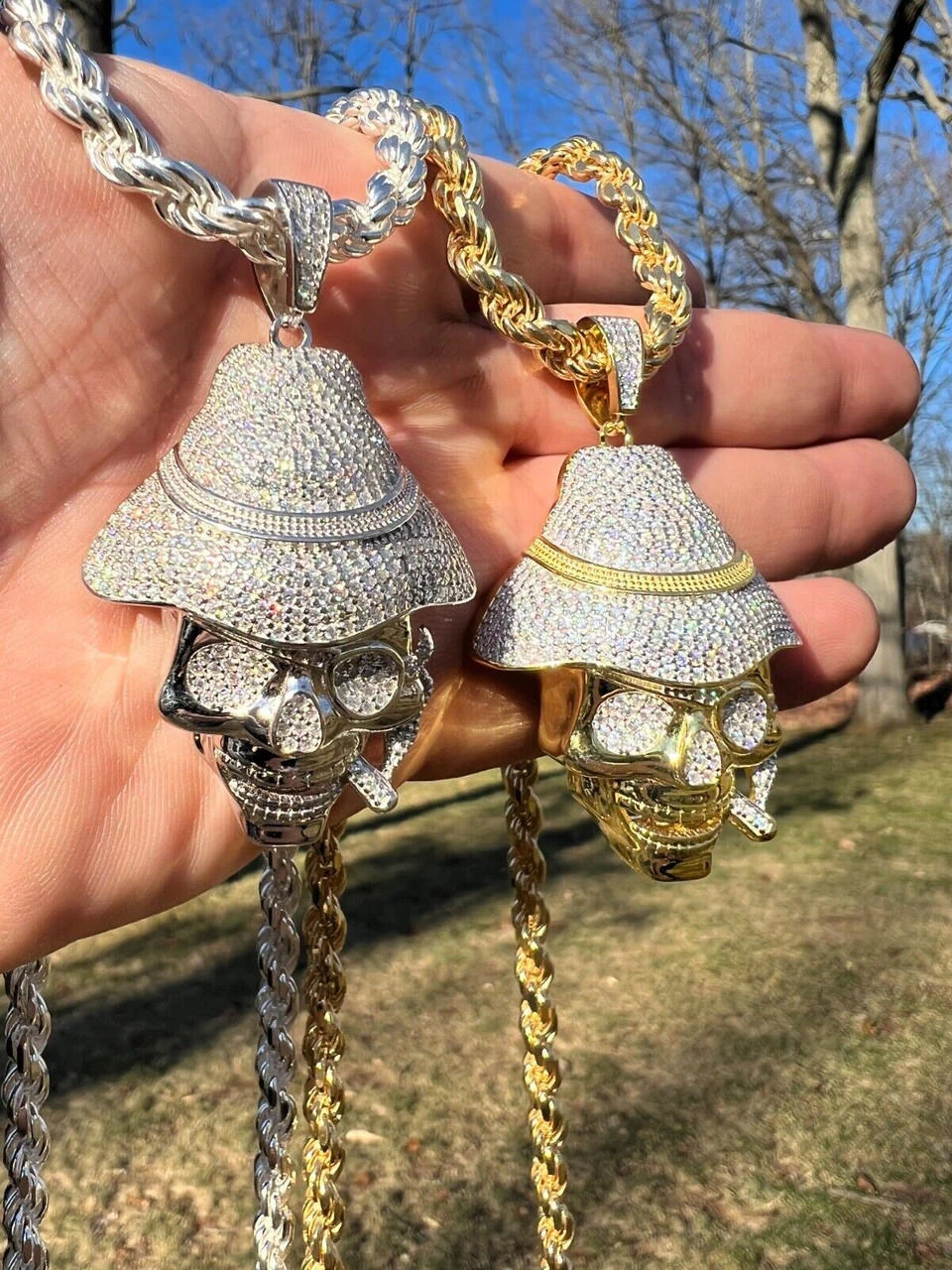 MOISSANITE Real Silver / Gold Skull In Fedora Hat Smoking Iced Necklace Pendant 17 MOISSANITE Real Silver / Gold Skull In Fedora Hat Smoking Iced Necklace Pendant - Image 15