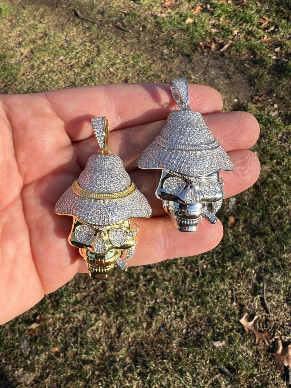 MOISSANITE Real Silver / Gold Skull In Fedora Hat Smoking Iced Necklace Pendant 14 MOISSANITE Real Silver / Gold Skull In Fedora Hat Smoking Iced Necklace Pendant - Image 12