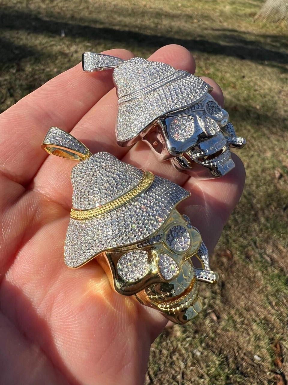 MOISSANITE Real Silver / Gold Skull In Fedora Hat Smoking Iced Necklace Pendant 4 MOISSANITE Real Silver / Gold Skull In Fedora Hat Smoking Iced Necklace Pendant - Image 2