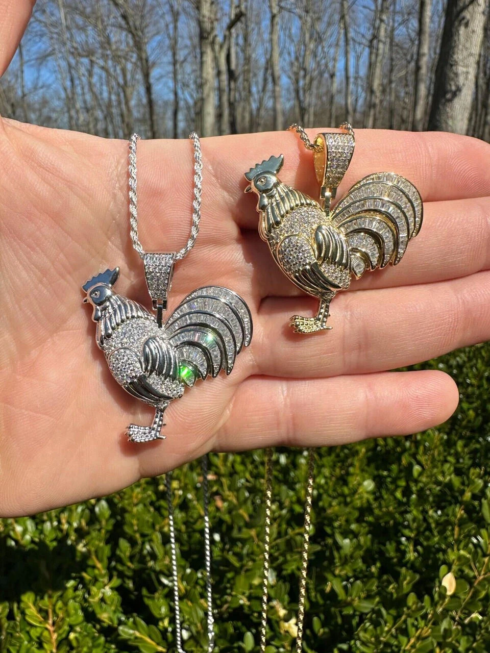 MOISSANITE Real Solid 925 Silver/Gold Plated Iced Rooster Gallo Pendant Necklace 4 MOISSANITE Real Solid 925 Silver/Gold Plated Iced Rooster Gallo Pendant Necklace - Image 2