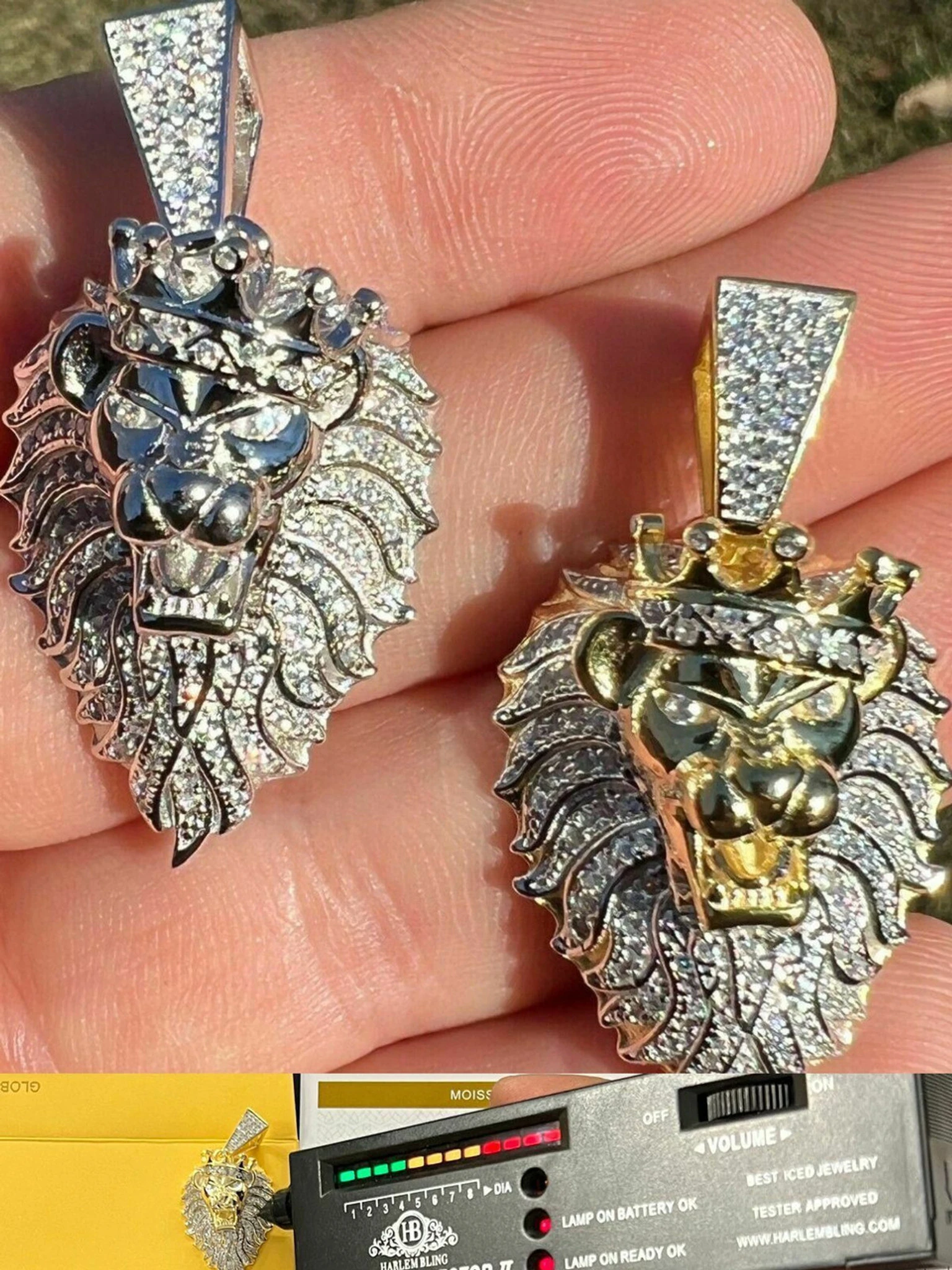 MOISSANITE Silver Gold Iced Rasta Lion Crown Pendant Necklace Pass Diamond Test 3 MOISSANITE Silver Gold Iced Rasta Lion Crown Pendant Necklace Pass Diamond Test