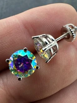 Rainbow Opal Moissanite Screwback Stud Earrings 925 Silver 3-8mm Pass Diamond Tester -Harlem Bling Shop rainbow opal moissanite screwback stud earrings 925 silver 3 8mm pass diamond tester 34913.1676485132
