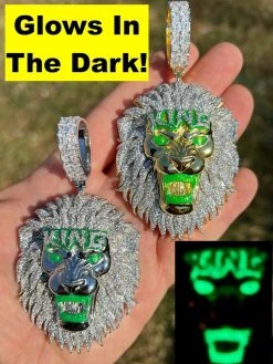 Real 925 Silver Gold Glows In Dark LION KING Huge 3" Hip Hop Pendant Necklace