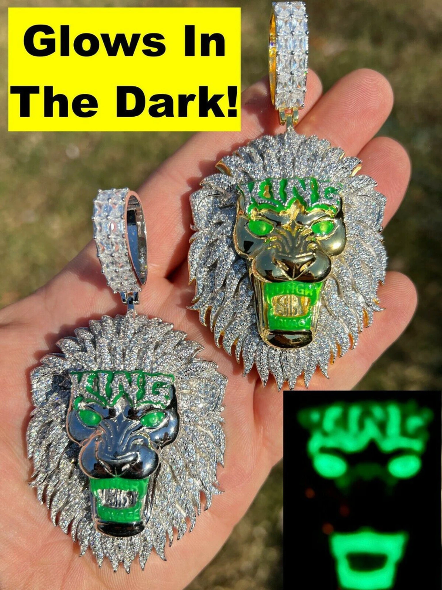 Real 925 Silver Gold Glows In Dark LION KING Huge 3" Hip Hop Pendant Necklace 3 Real 925 Silver Gold Glows In Dark LION KING Huge 3" Hip Hop Pendant Necklace