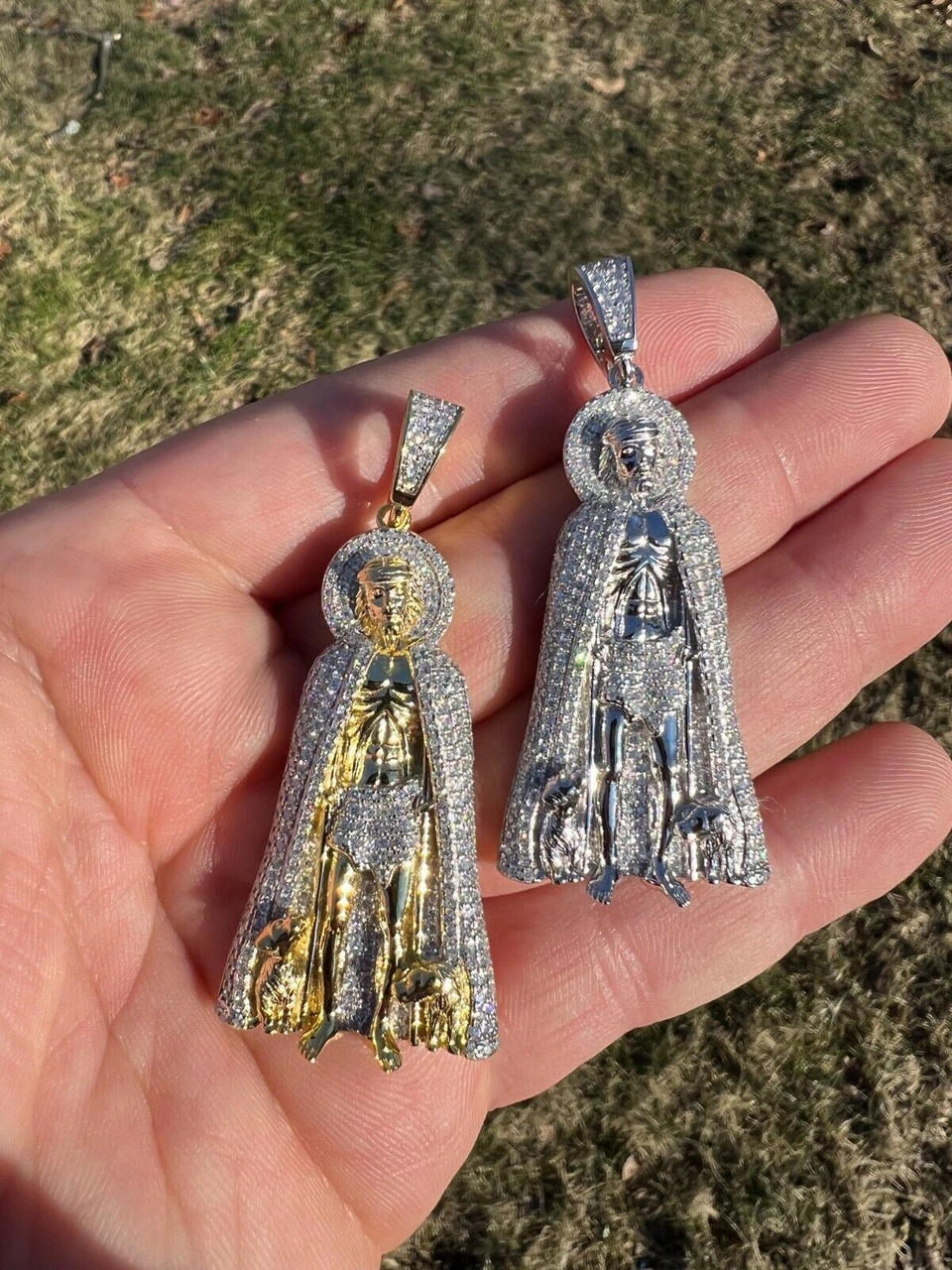 Real 925 Silver / Gold Saint St Lazarus Iced CZ Necklace Pendant Hip Hop Mens 2" 20 Real 925 Silver / Gold Saint St Lazarus Iced CZ Necklace Pendant Hip Hop Mens 2" - Image 18