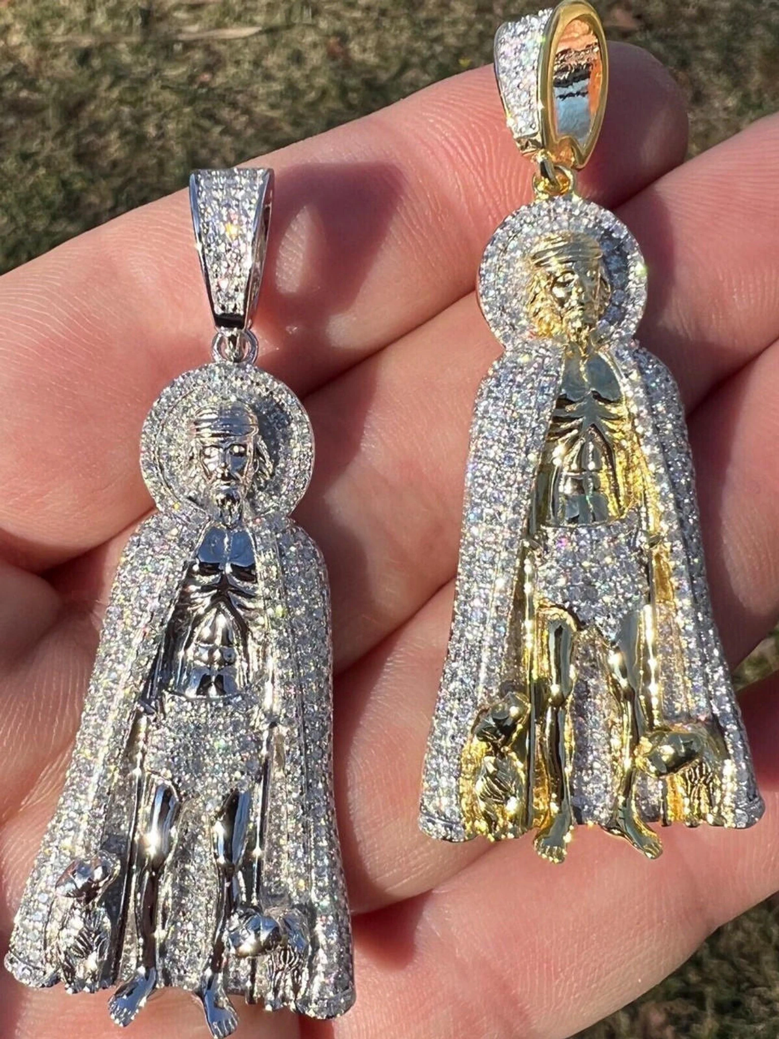 Real 925 Silver / Gold Saint St Lazarus Iced CZ Necklace Pendant Hip Hop Mens 2" 3 Real 925 Silver / Gold Saint St Lazarus Iced CZ Necklace Pendant Hip Hop Mens 2"
