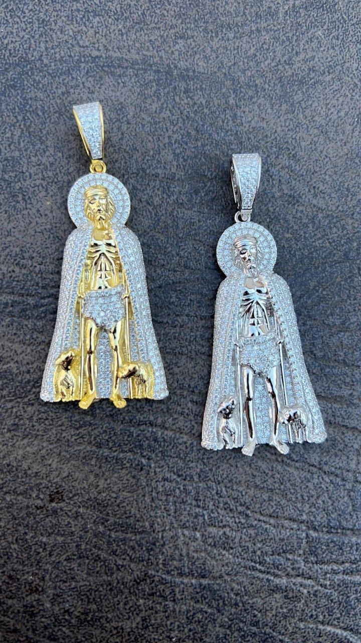 Real 925 Silver / Gold Saint St Lazarus Iced CZ Necklace Pendant Hip Hop Mens 2" 10 Real 925 Silver / Gold Saint St Lazarus Iced CZ Necklace Pendant Hip Hop Mens 2" - Image 8