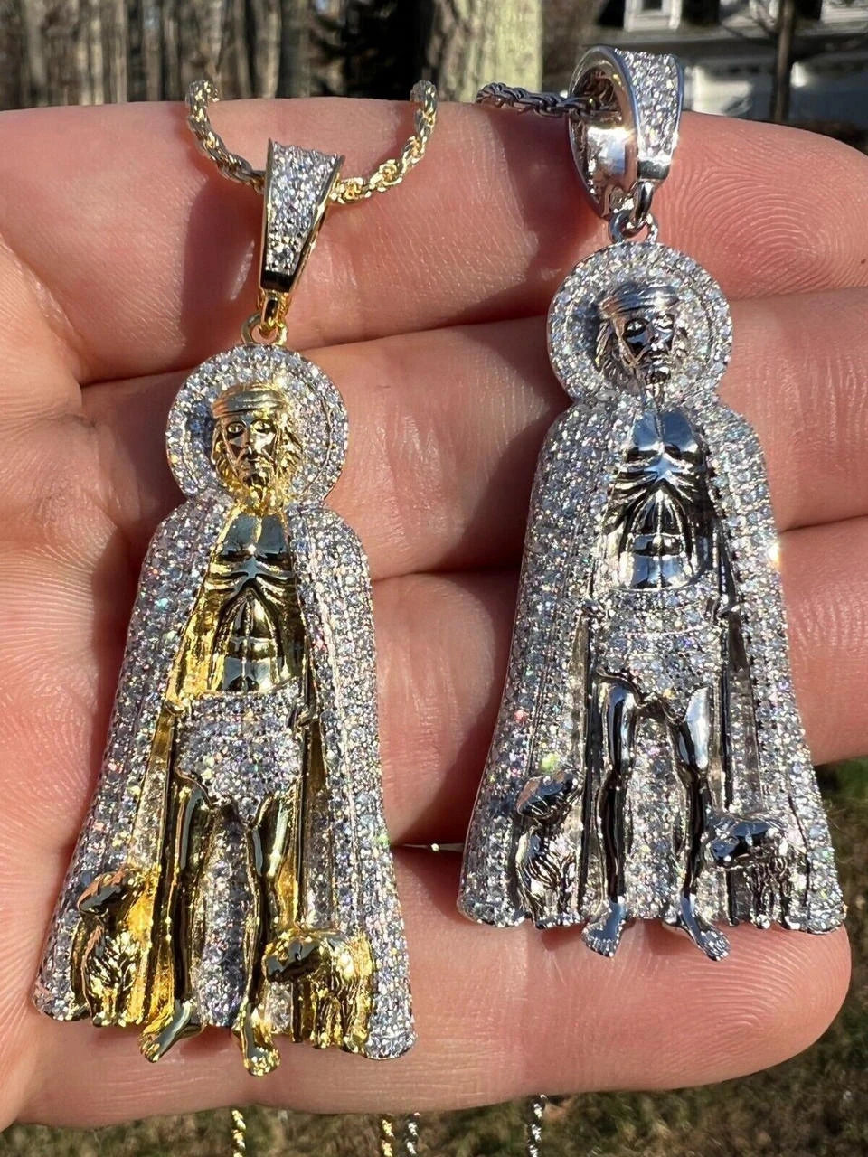 Real 925 Silver / Gold Saint St Lazarus Iced CZ Necklace Pendant Hip Hop Mens 2" 4 Real 925 Silver / Gold Saint St Lazarus Iced CZ Necklace Pendant Hip Hop Mens 2" - Image 2