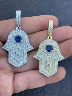Real 925 Sterling Silver Evil Eye Hamsa Hand Pendant Iced Diamond Necklace Gold