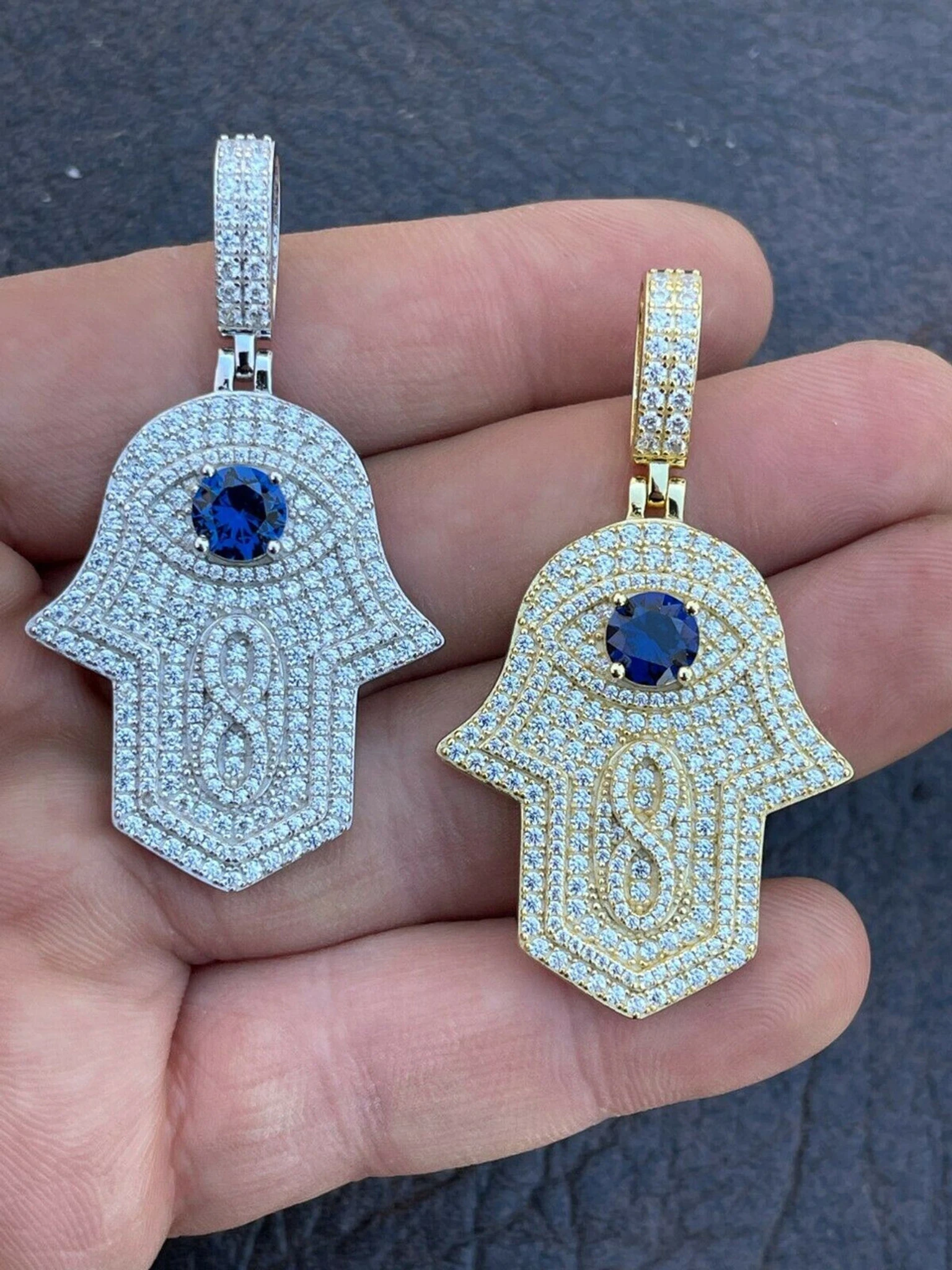 Real 925 Sterling Silver Evil Eye Hamsa Hand Pendant Iced Diamond Necklace Gold 3 Real 925 Sterling Silver Evil Eye Hamsa Hand Pendant Iced Diamond Necklace Gold