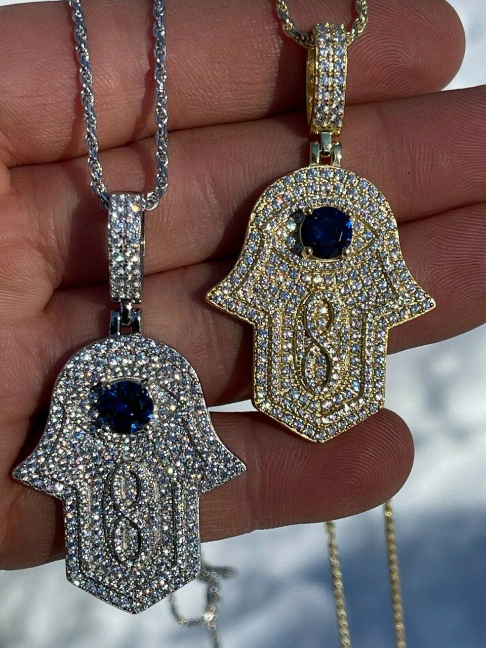 Real 925 Sterling Silver Evil Eye Hamsa Hand Pendant Iced Diamond Necklace Gold 7 Real 925 Sterling Silver Evil Eye Hamsa Hand Pendant Iced Diamond Necklace Gold - Image 5