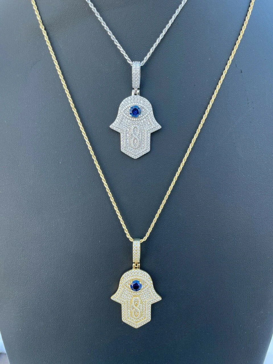 Real 925 Sterling Silver Evil Eye Hamsa Hand Pendant Iced Diamond Necklace Gold 9 Real 925 Sterling Silver Evil Eye Hamsa Hand Pendant Iced Diamond Necklace Gold - Image 7