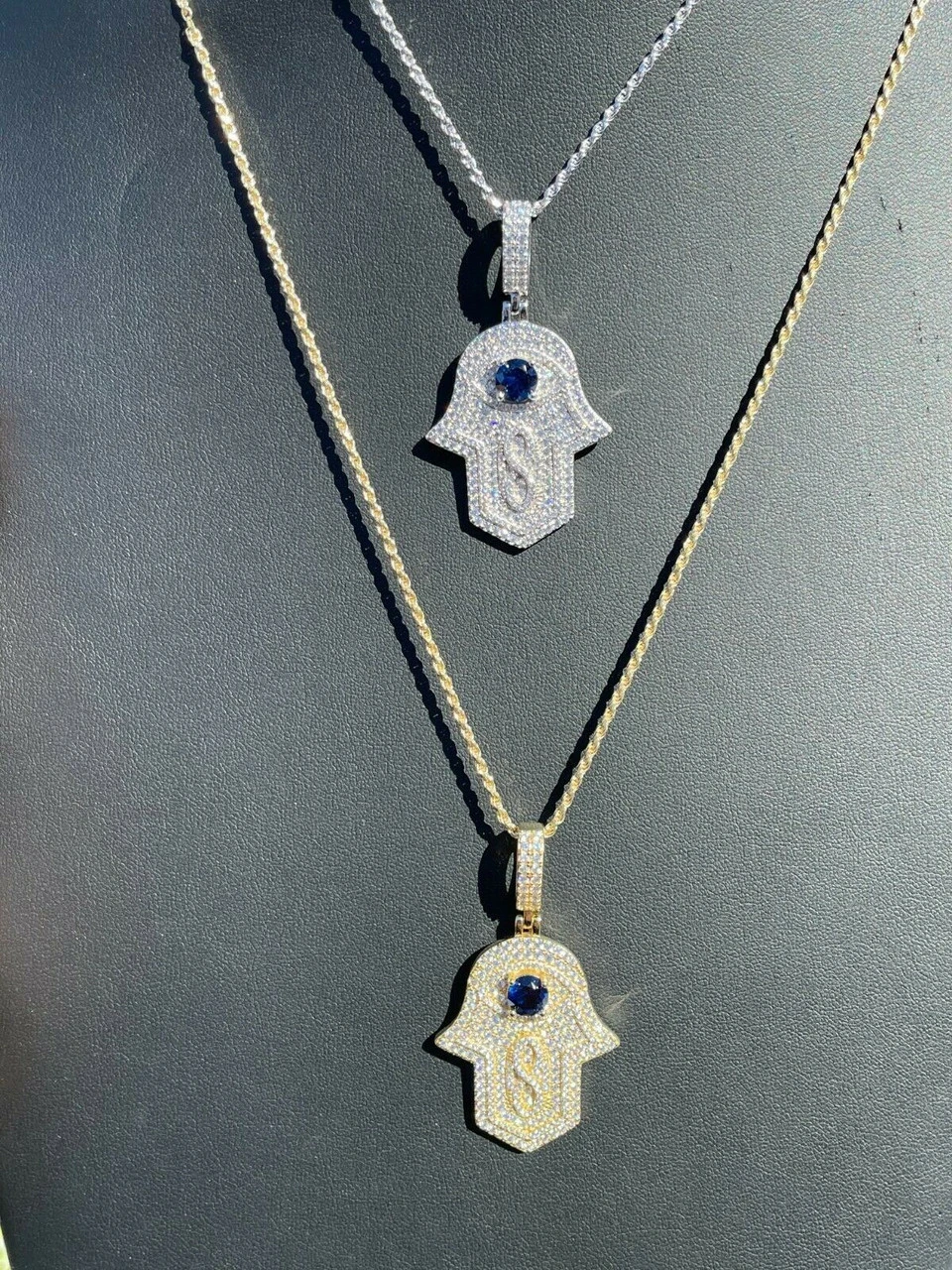 Real 925 Sterling Silver Evil Eye Hamsa Hand Pendant Iced Diamond Necklace Gold 4 Real 925 Sterling Silver Evil Eye Hamsa Hand Pendant Iced Diamond Necklace Gold - Image 2