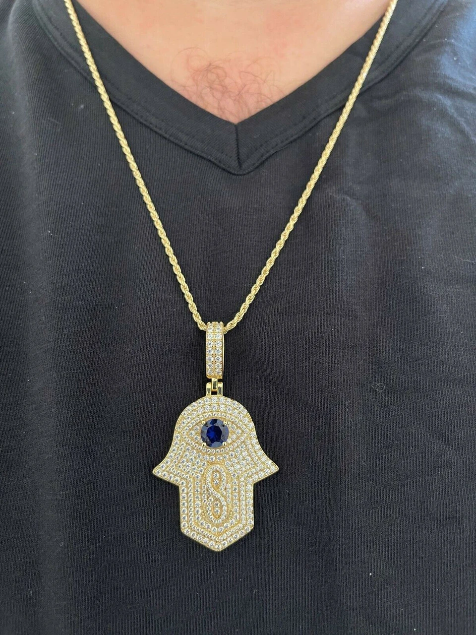 Real 925 Sterling Silver Evil Eye Hamsa Hand Pendant Iced Diamond Necklace Gold 11 Real 925 Sterling Silver Evil Eye Hamsa Hand Pendant Iced Diamond Necklace Gold - Image 9