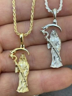 Real 925 Sterling Silver Gold Santa Muerte Grim Reaper Death Pendant Necklace