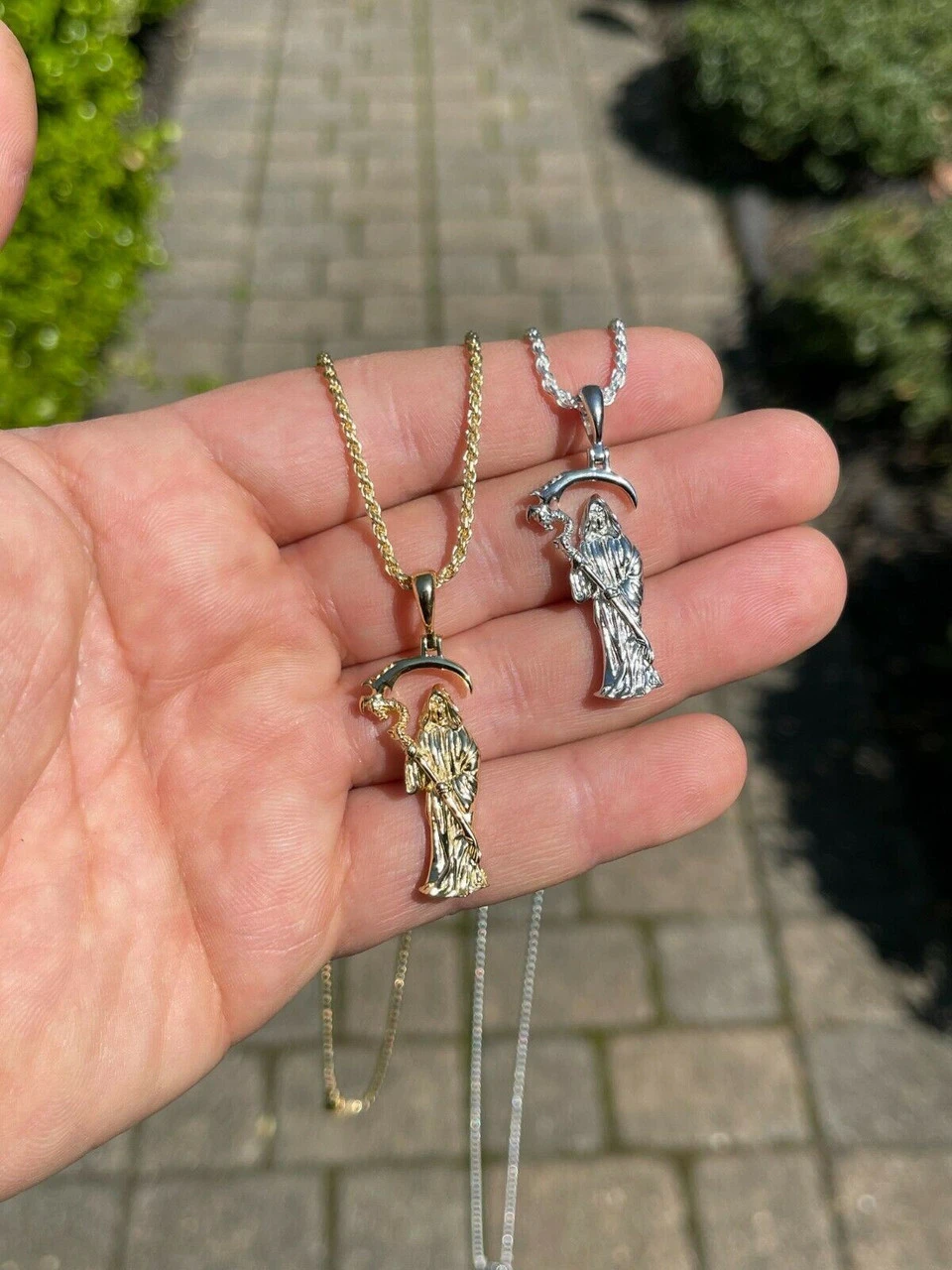 Real 925 Sterling Silver Gold Santa Muerte Grim Reaper Death Pendant Necklace 13 Real 925 Sterling Silver Gold Santa Muerte Grim Reaper Death Pendant Necklace - Image 11