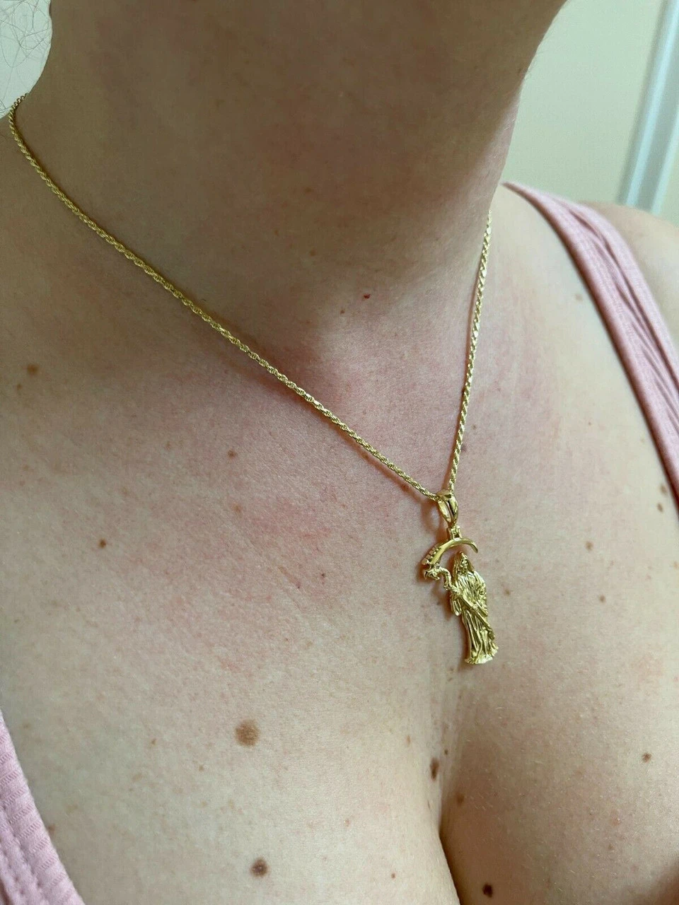 Real 925 Sterling Silver Gold Santa Muerte Grim Reaper Death Pendant Necklace 6 Real 925 Sterling Silver Gold Santa Muerte Grim Reaper Death Pendant Necklace - Image 4