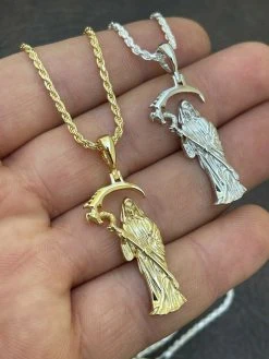 Real 925 Sterling Silver Gold Santa Muerte Grim Reaper Death Pendant Necklace 31 Real 925 Sterling Silver Gold Santa Muerte Grim Reaper Death Pendant Necklace -Harlem Bling Shop real 925 sterling silver gold santa muerte grim reaper death pendant necklace 41097.1664378903