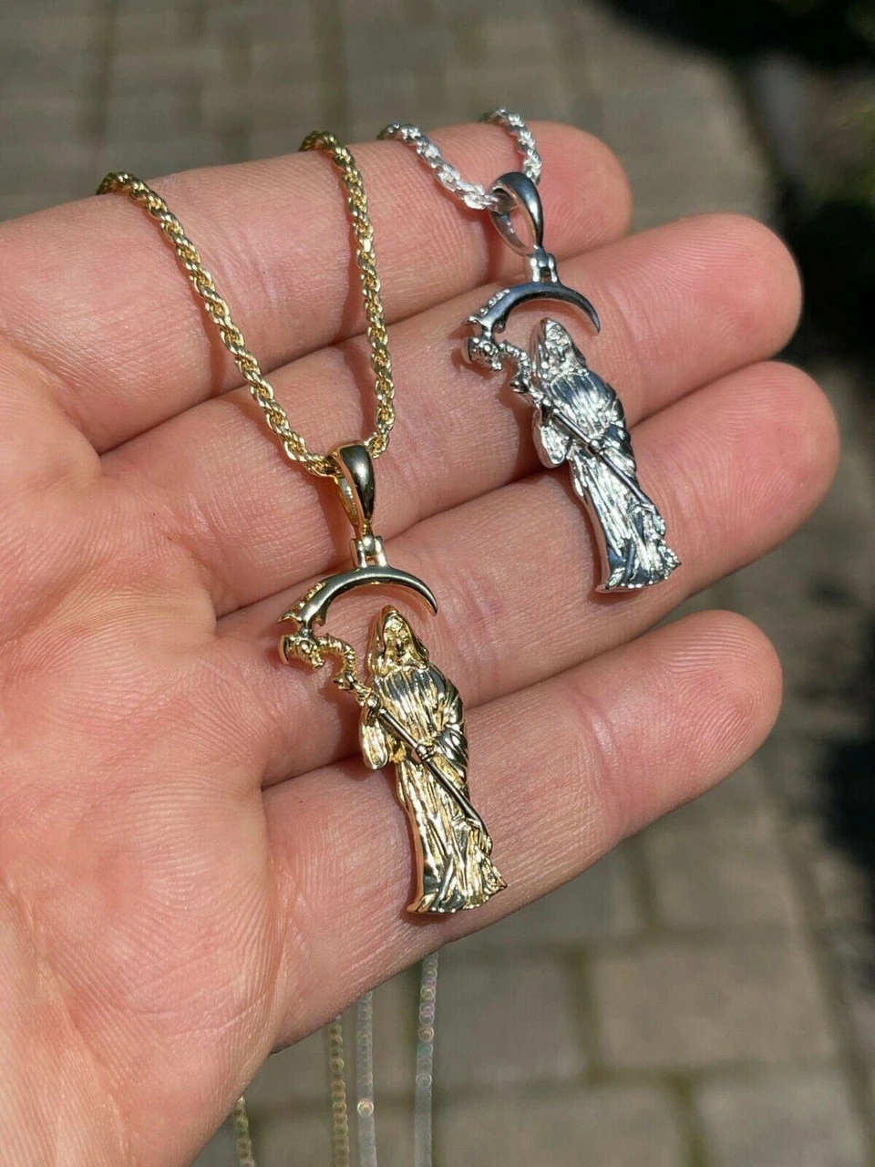 Real 925 Sterling Silver Gold Santa Muerte Grim Reaper Death Pendant Necklace 14 Real 925 Sterling Silver Gold Santa Muerte Grim Reaper Death Pendant Necklace - Image 12